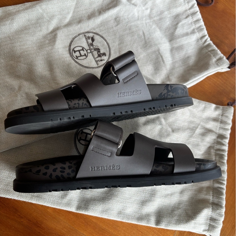 NWOT  Hermes Ecorce Chypre Leopard Print Footbed Sandal with dust bags sz 37.5 - Picture 5 of 7